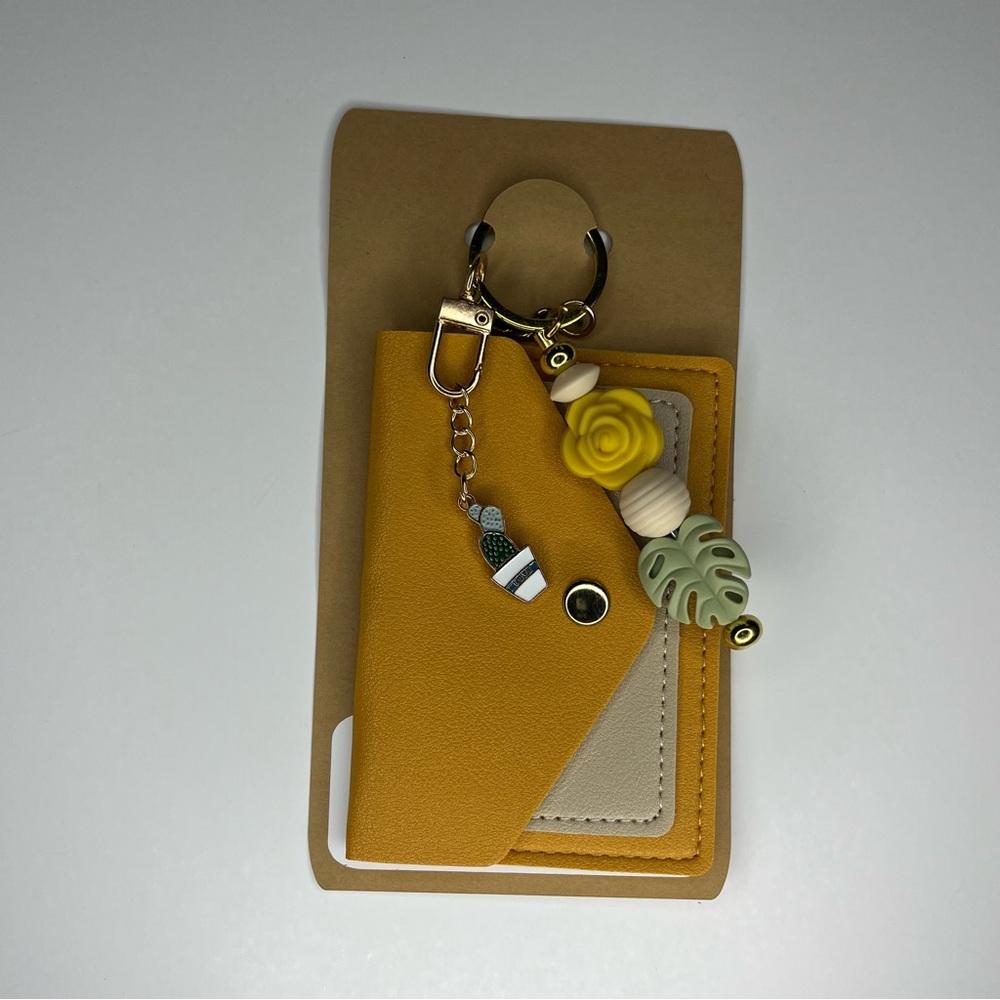 Mustard Yellow and Beige Card Holder, Silicone Beads and Cactus Charm Keychain